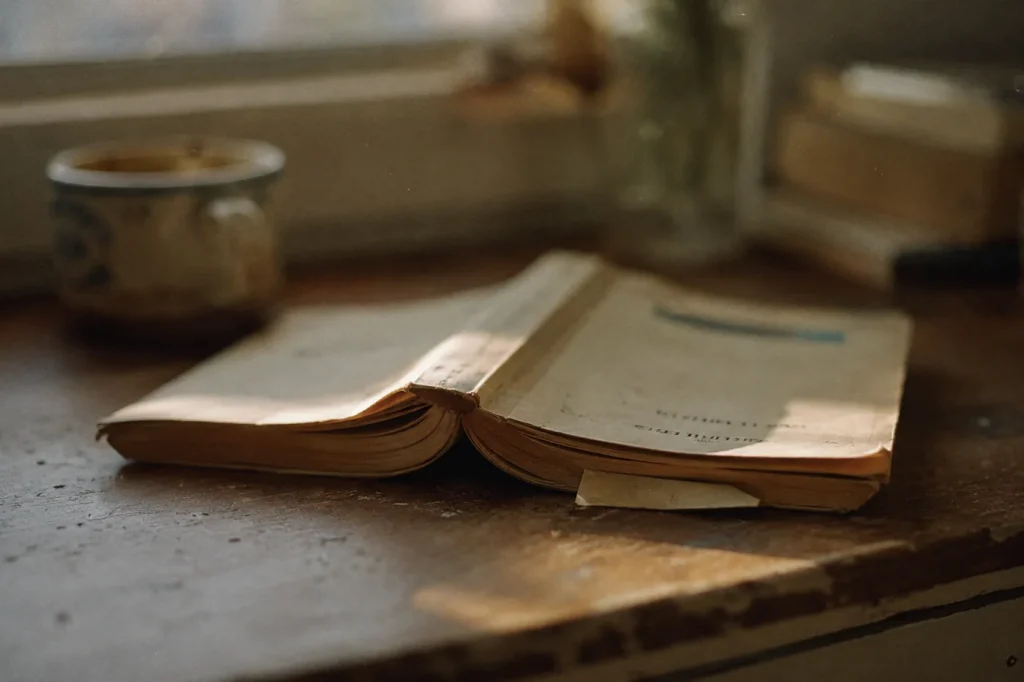 Livre ouvert posé face contre table sur une surface en bois usée, lumière naturelle douce et atmosphère mélancolique — pourquoi je n’arrive plus à lire et attention fragmentée par les écrans