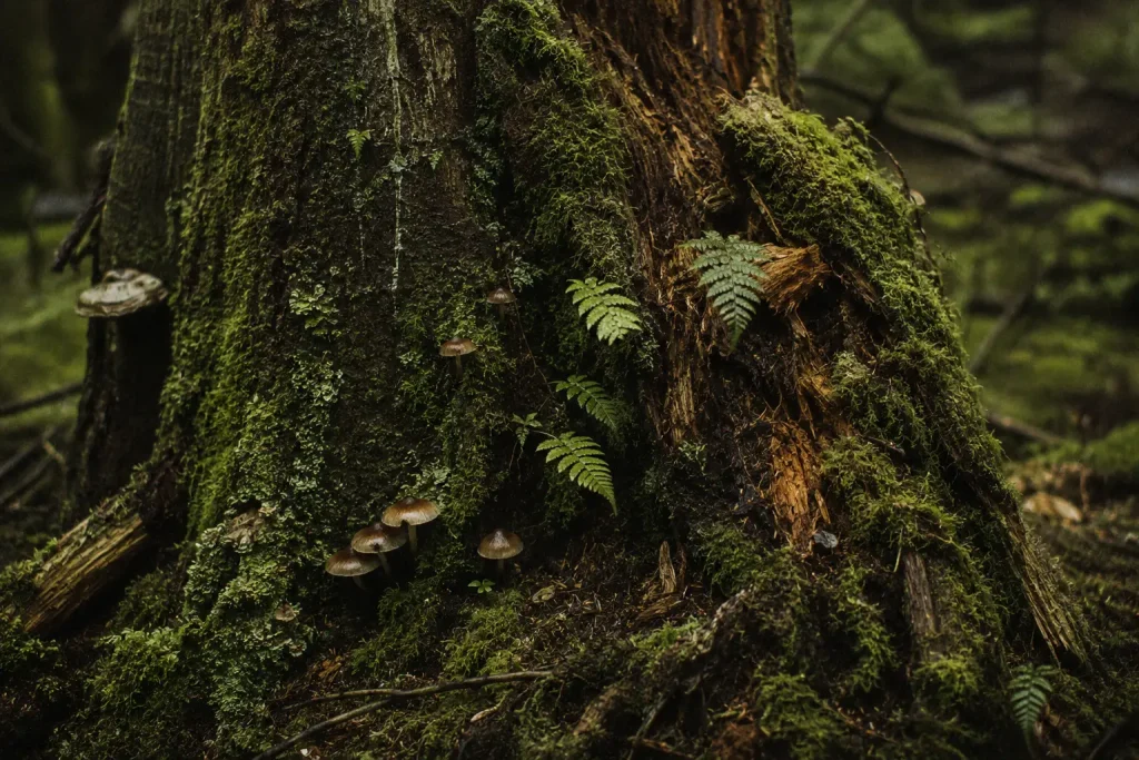 Tronc d’arbre en décomposition couvert de mousse et de fougères dans une forêt humide — symbole de renaissance et de guérison par la nature
