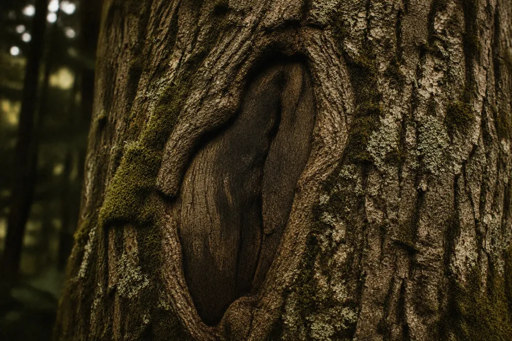 Écorce d’arbre cicatrisée après une blessure naturelle dans une forêt humide — image de résilience, neuroplasticité et reconstruction après un traumatisme