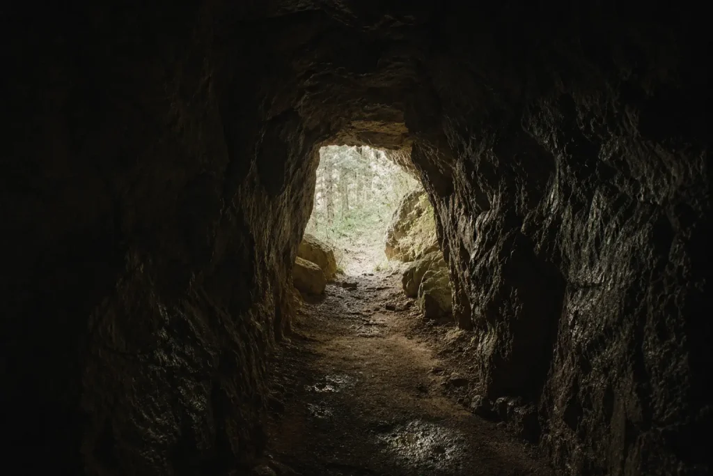 Intérieur d’une grotte sombre ouvrant sur une lumière douce au loin — métaphore de renaître après une épreuve et traverser la transformation intérieure