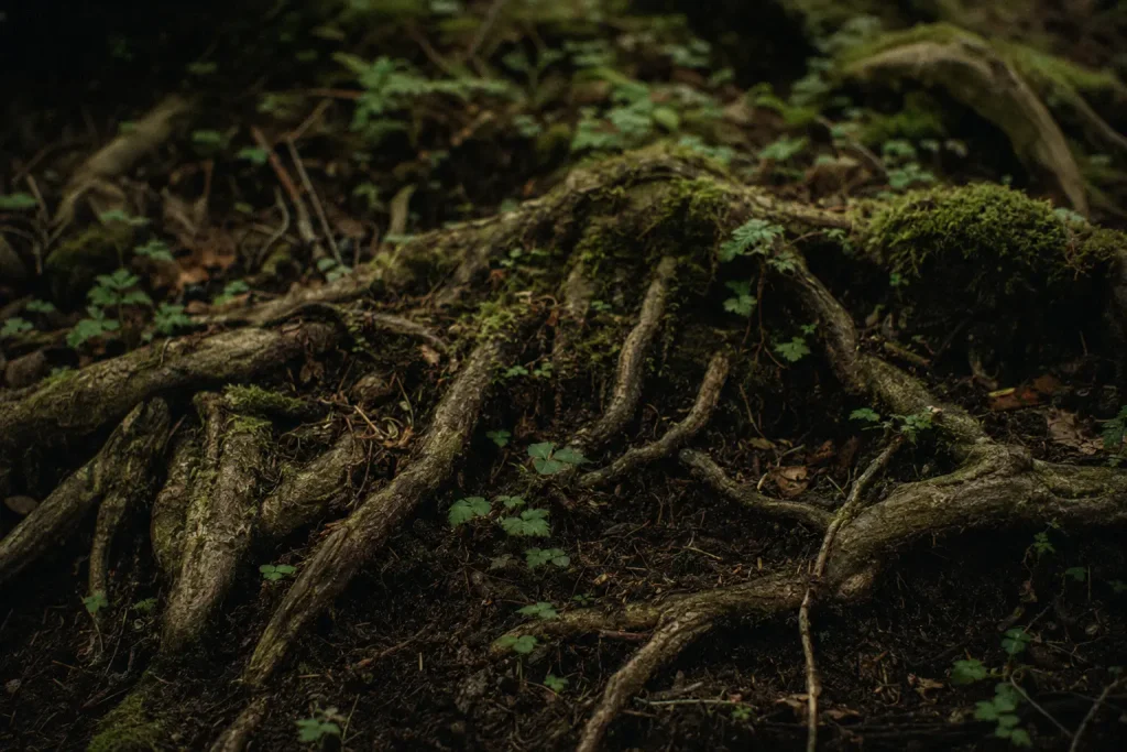 Racines d’arbres entrelacées dans une forêt sombre et humide — se ressourcer dans la nature et retrouver un équilibre intérieur après l’épuisement