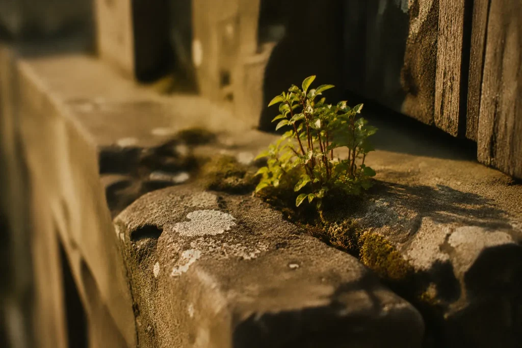 Petite plante poussant dans la fissure d’une vieille pierre usée par le temps — symbole de résilience, neuroplasticité et reconstruction après une épreuve