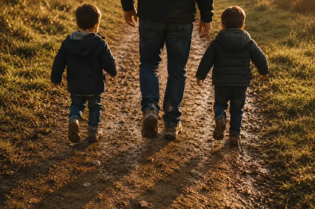 Père marchant avec ses deux garçons au coucher du soleil — ce que mes enfants m’ont appris pendant la dépression