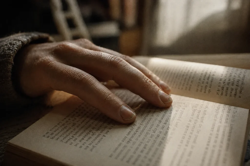 Doigts posés sur une page de livre dans une lumière douce et calme — retour à la lecture profonde et concentration retrouvée