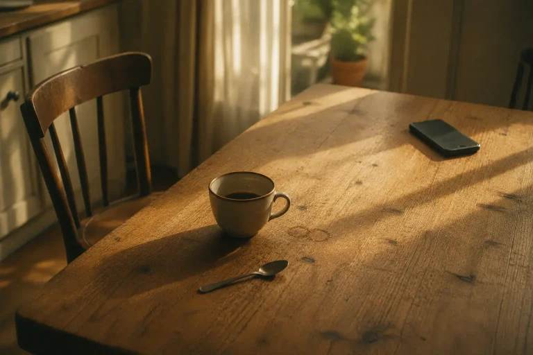 Tasse de café à moitié vide, téléphone retourné et chaise légèrement reculée sur une table en bois, symbole de la difficulté à apprendre à ne rien faire sans culpabilité.