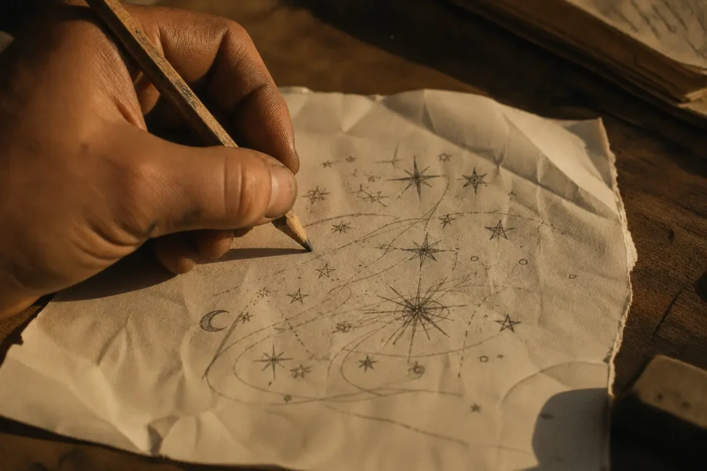 Main d’adulte marquée par le temps écrivant dans un carnet ouvert avec un crayon de bois. Quelques étoiles dessinées apparaissent sur la page. Lumière douce et chaleureuse, symbole de créativité après trauma et de reconstruction intérieure.