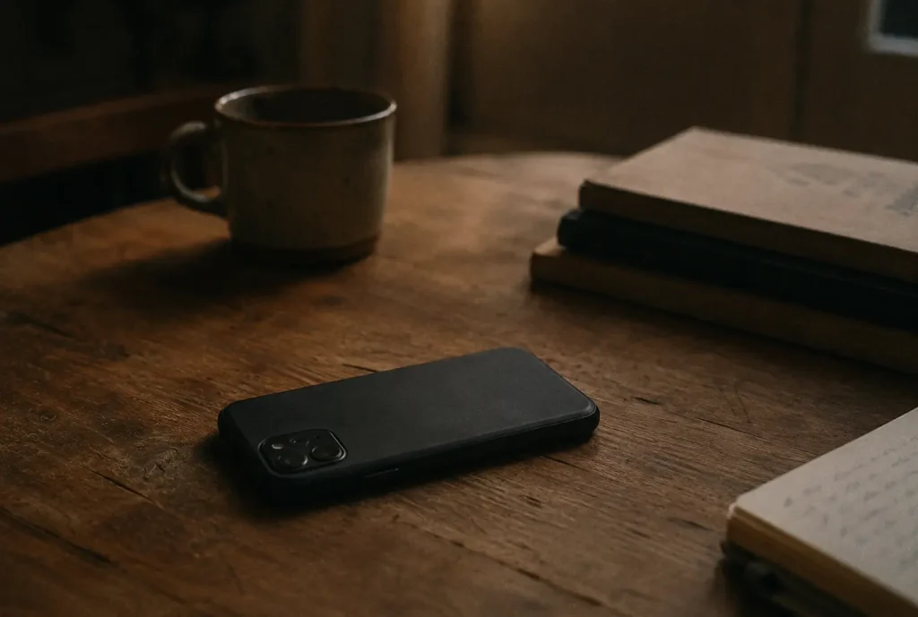 Smartphone posé face contre table sur une table en bois, écran éteint, dans une lumière douce. Une pause numérique volontaire qui symbolise les applications bien-être santé mentale et la recherche d'un équilibre entre technologie et présence.