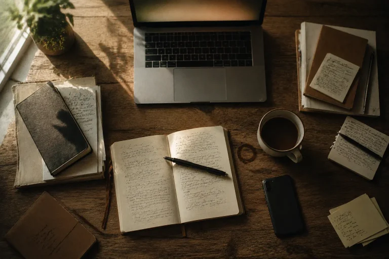 Bureau en bois avec carnet ouvert, café, téléphone posé face cachée et ordinateur flou, illustrant pourquoi je n’arrive plus à me concentrer et la sensation d’attention fragmentée.