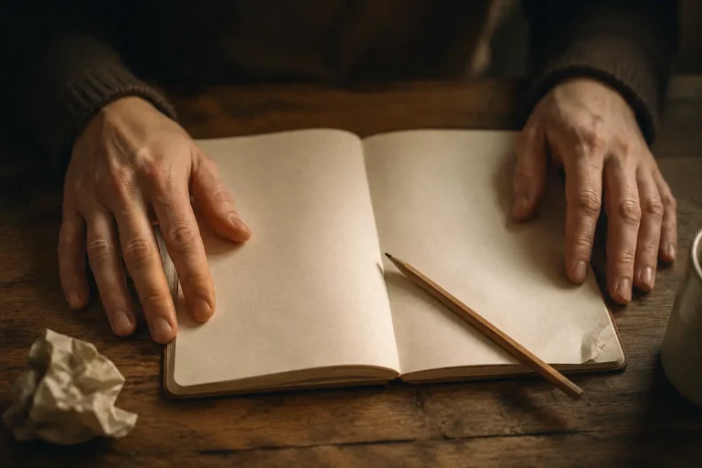 Mains posées de part et d’autre d’un carnet presque vide sur une table en bois, avec un crayon légèrement de travers et une feuille froissée, symbole de reconstruction de sa vie financière après une épreuve.