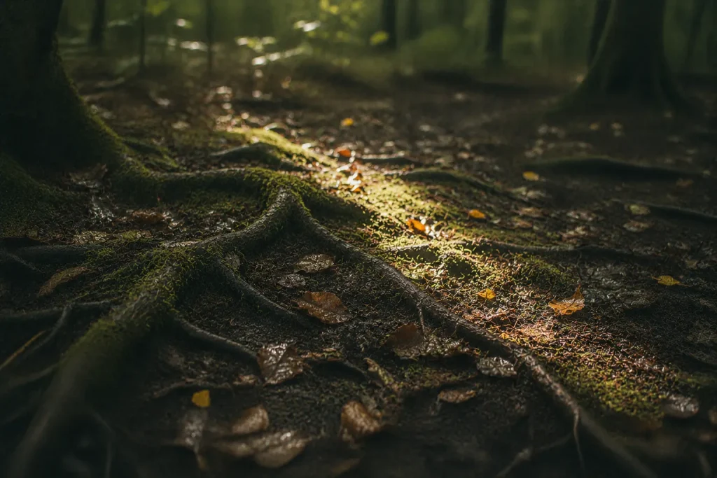 Sol de forêt humide après la pluie, racines couvertes de mousse et lumière filtrée, symbole du temps long et du besoin d’apprendre à ne rien faire sans culpabilité.