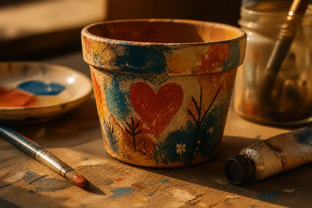 Petit pot peint à la main avec des couleurs imparfaites et superposées, posé sur une table en bois. Illustration de la créativité après un traumatisme et du besoin de créer pour se reconstruire.