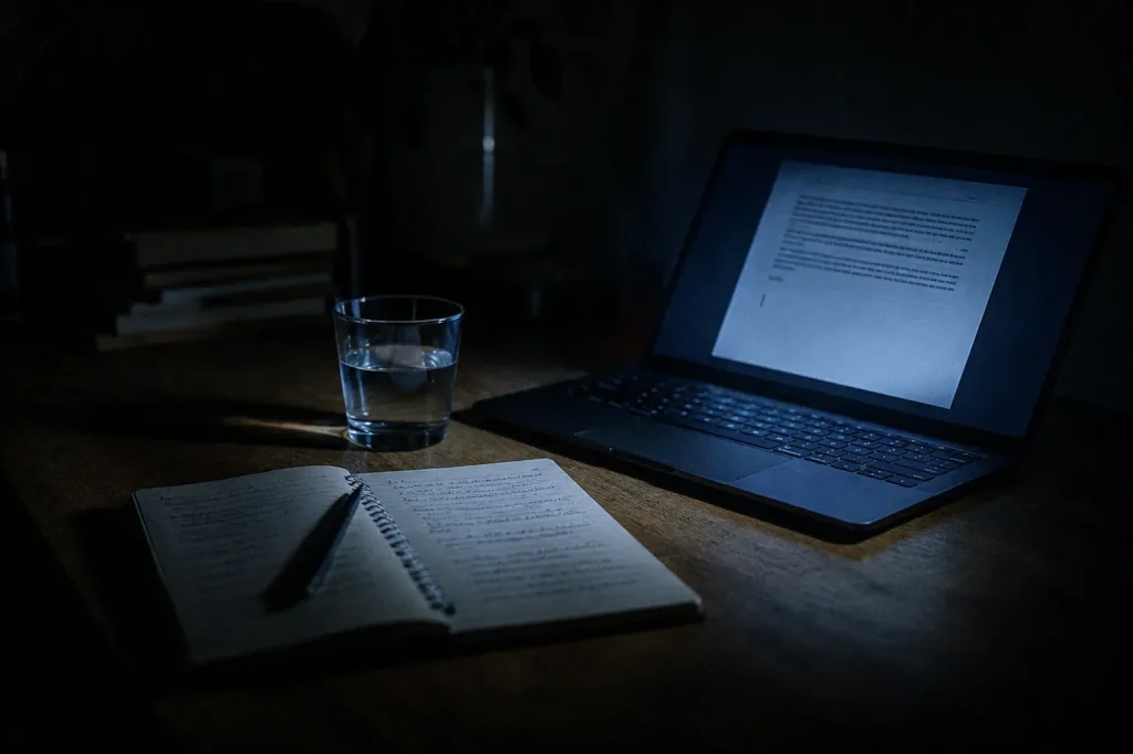 Bureau plongé dans la pénombre éclairé par la lumière douce d'un écran d'ordinateur. Un document texte inachevé, un carnet ouvert et un verre d'eau évoquent les outils numériques qui aident à traverser.