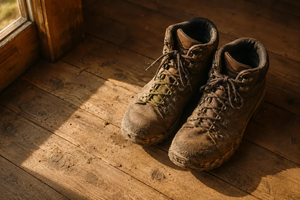 Chaussures de marche robustes légèrement usées posées sur un plancher en bois, semelles encore marquées par la boue. Symbole de reconstruction, de stabilité et de reprise en main de sa vie financière après une épreuve.