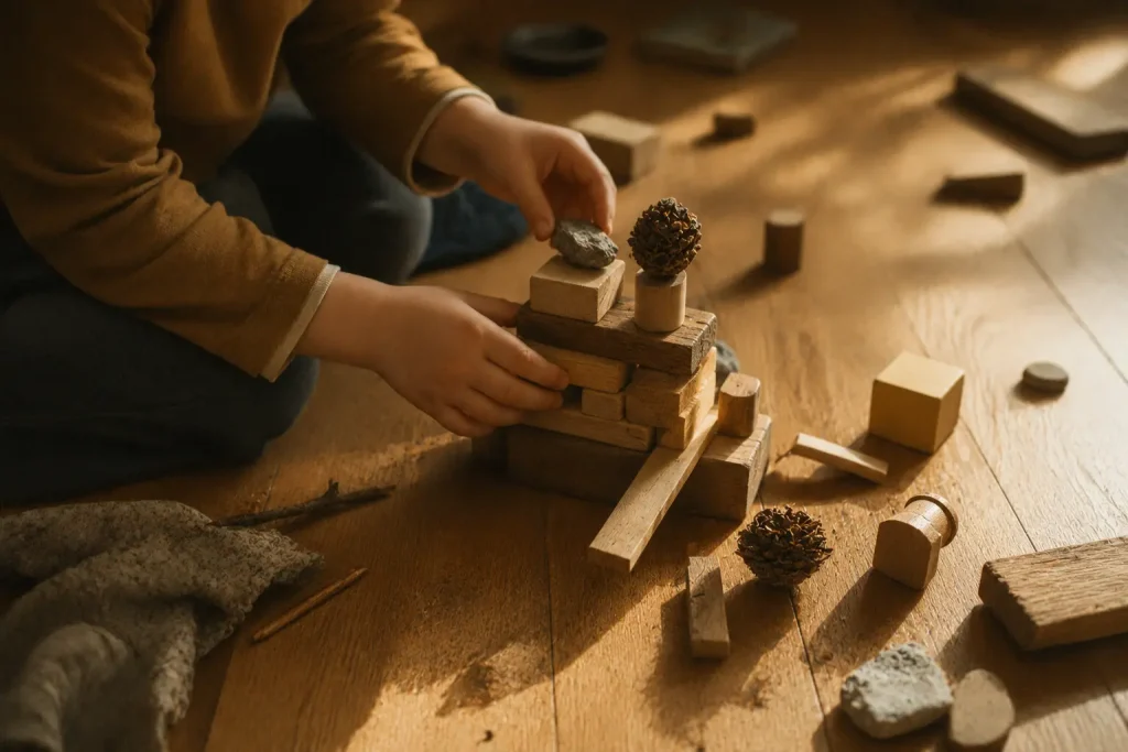 Mains d’enfant construisant une tour avec des blocs de bois, une pierre et une pomme de pin, symbole du jeu libre et de l’apprentissage à ne rien faire sans culpabilité.