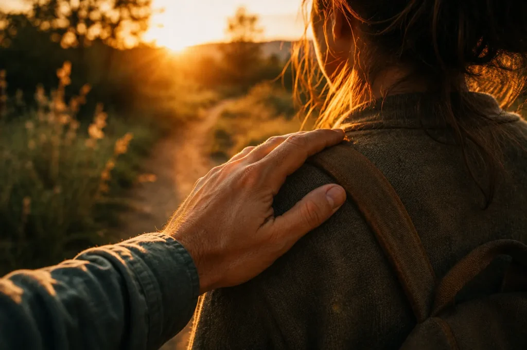 Main posée sur l’épaule d’un proche lors d’une marche en nature au coucher du soleil, symbole de présence humaine, de soutien et de bien-être émotionnel loin des écrans.