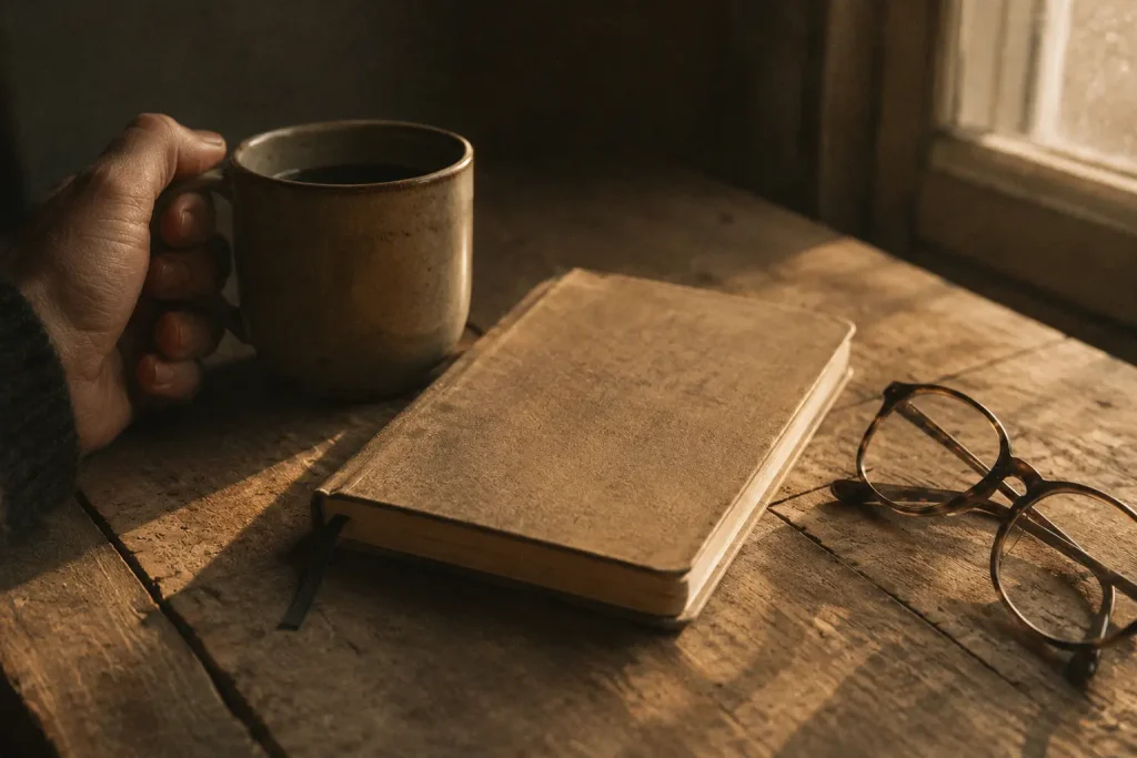 Carnet fermé posé sur une table en bois, lunettes à côté et tasse chaude tenue dans une main, lumière douce de fin d’après-midi. Une scène de calme et de réflexion. Symbole de reconstruire sa vie financière après une épreuve.