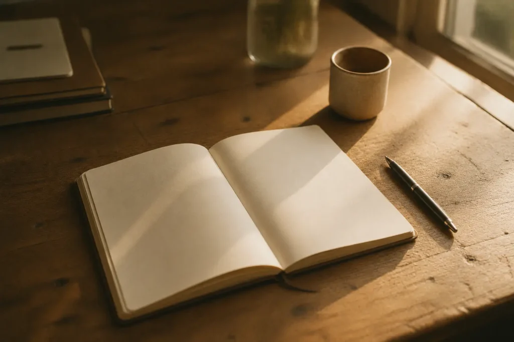 Carnet ouvert aux pages blanches sur une table en bois, stylo posé à côté, symbole du silence intérieur et du fait d’apprendre à ne rien faire sans culpabilité.