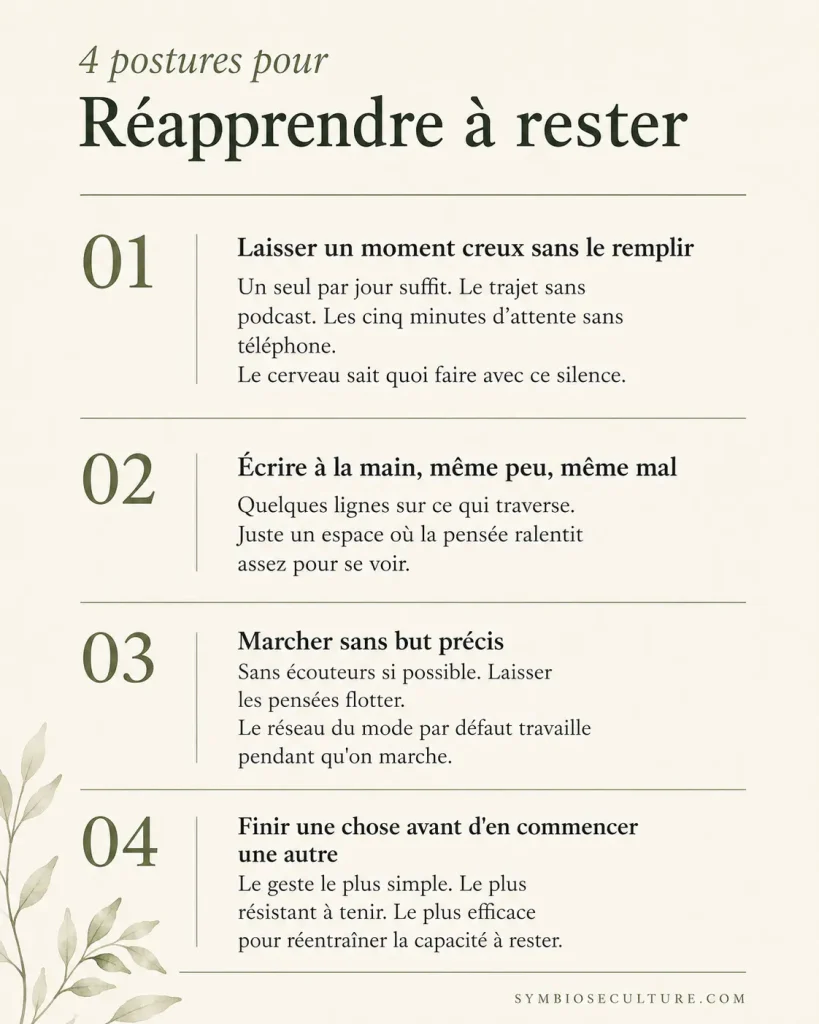 Infographie minimaliste présentant 4 postures pour réapprendre à rester : laisser un moment creux, écrire à la main, marcher sans but et finir une chose avant d’en commencer une autre.