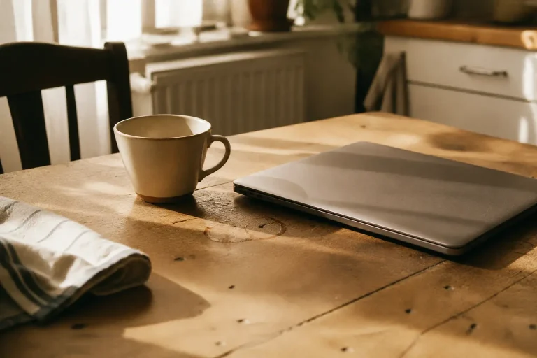 Ordinateur portable fermé sur une table de cuisine avec tasse vide et torchon, symbole d’un sas attentionnel pour retrouver une attention profonde sans quitter les écrans.
