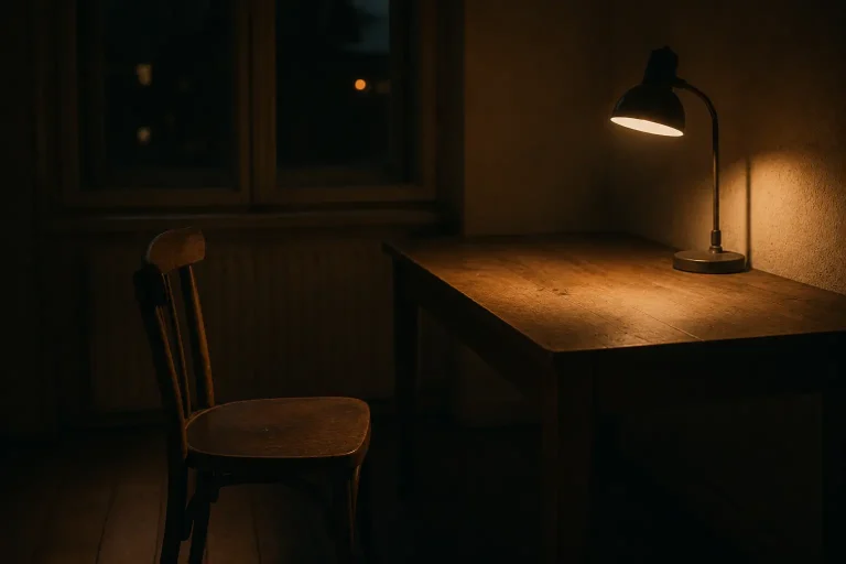 Chaise vide légèrement reculée devant une table éclairée par une lampe dans une pièce sombre, symbole de la difficulté à penser par soi-même et à rester avec ses pensées.