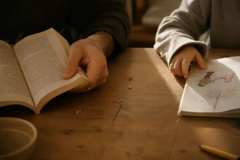 Main d’adulte tenant un livre et main d’enfant posée sur un livre illustré à la même table, symbole de la transmission de l’attention à ses enfants par l’exemple.