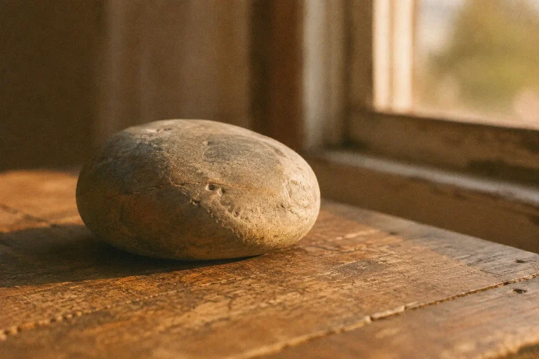 Galet arrondi par le temps posé sur une table en bois près d’une fenêtre, symbole de la question : la sagesse vient-elle avec l’âge ?