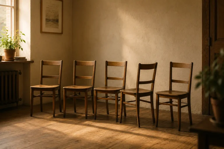 Cinq chaises en bois alignées, dont une légèrement tournée, symbole d’oser être soi-même face à la pression sociale