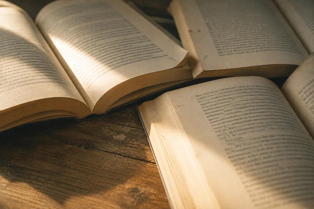 Plusieurs livres ouverts se chevauchant sur une table en bois, symbole du lien entre lecture et cerveau lorsque différentes idées se rencontrent dans l’esprit du lecteur.