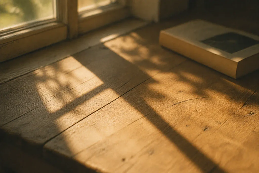 Livre fermé posé près d’une fenêtre, lumière chaude et ombres sur une table en bois, symbole de ce que la lecture laisse dans le cerveau après avoir refermé un livre.