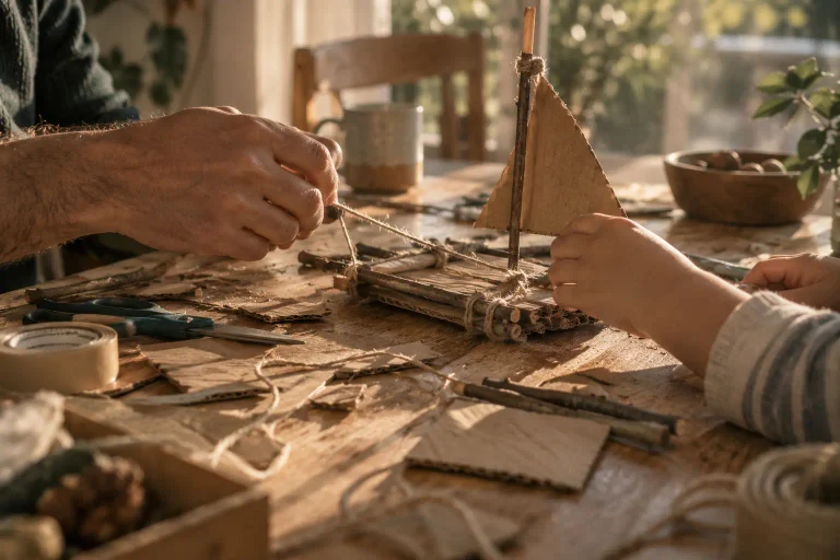 Adulte et enfant fabriquant ensemble un petit radeau en carton sur une table, symbole de créer sans but, pour soi, sans pression ni résultat à atteindre.