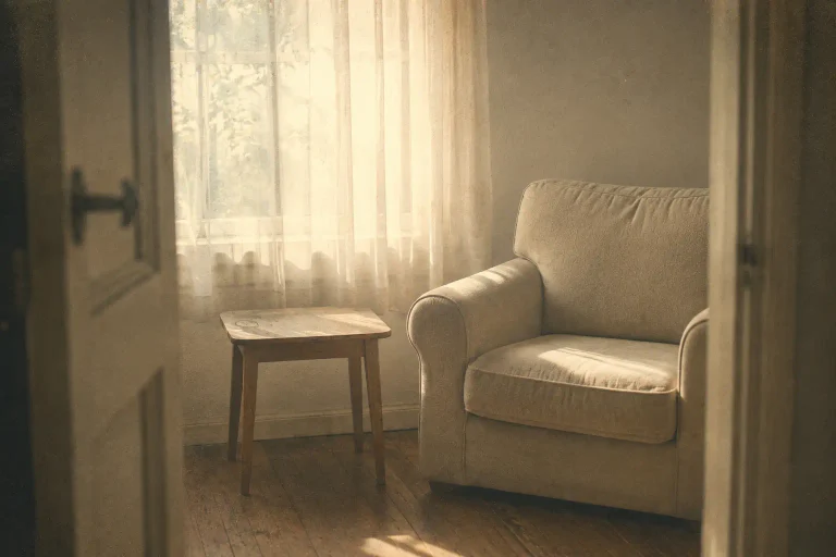 Fauteuil vide dans une pièce calme éclairée par une lumière douce, symbole de la peur du silence et de la difficulté à être seul avec soi-même.