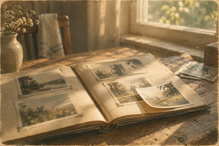 Album photo ancien ouvert sur une table en bois près d’une fenêtre, symbole de pourquoi le temps passe plus vite avec l’âge et des souvenirs qui se contractent.