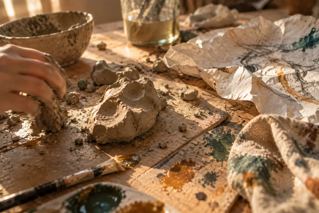 Morceau d’argile humide avec empreintes de doigts, feuille froissée et traces de peinture sur une table, symbole de créer sans but et de privilégier le processus créatif.