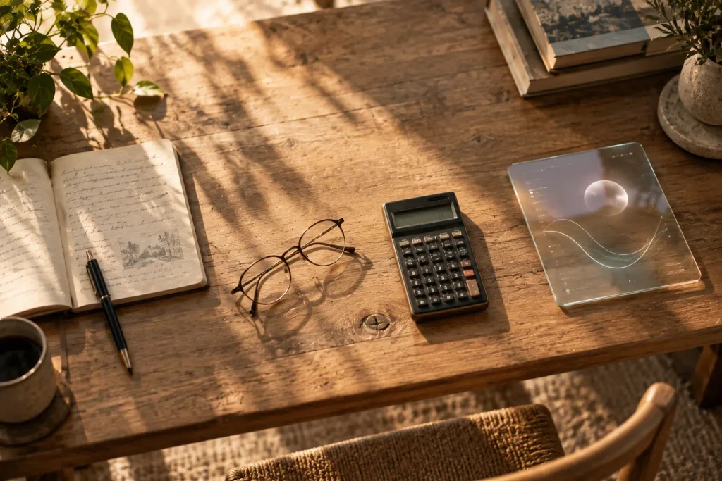 Carnet, lunettes, calculatrice et dispositif numérique futuriste posés sur une table, illustrant l’histoire de l’homme augmenté et l’extension progressive de nos capacités.