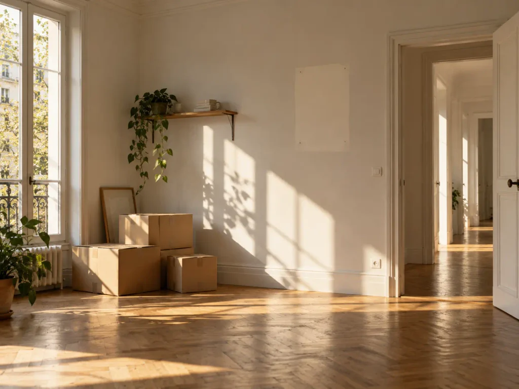 Pièce presque vide avec cartons de déménagement et porte ouverte vers un couloir lumineux, symbole de pourquoi nos priorités changent avec l’âge et quand une période de vie acquiert une fin visible.