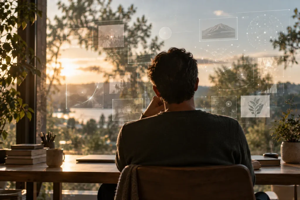 Personne de dos face à une surface vitrée où se superposent des éléments numériques transparents, symbole de l’homme augmenté, de l’esprit étendu et de l’IA comme extension de la pensée.