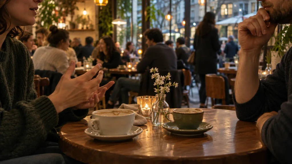 Deux personnes échangent autour d’un café tandis que le reste du lieu reste flou, symbole de pourquoi nos priorités changent avec l’âge et de relations plus sélectives mais plus profondes.