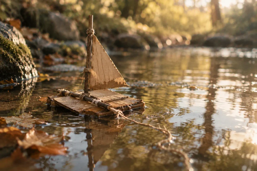 Petit radeau artisanal en carton flottant dans un ruisseau et commençant à se détremper, symbole de créer sans but et d’un geste créatif qui n’a pas besoin de durer.