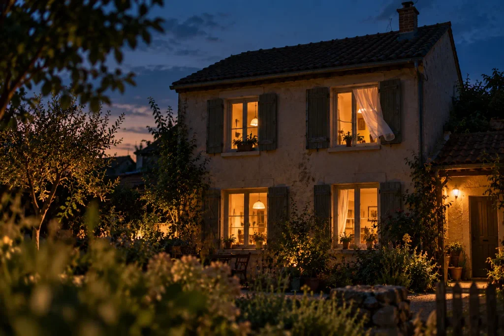 Maison modeste éclairée au crépuscule avec une fenêtre entrouverte et un rideau soulevé par le vent, symbole de pourquoi nos priorités changent avec l’âge sans se fermer au monde.