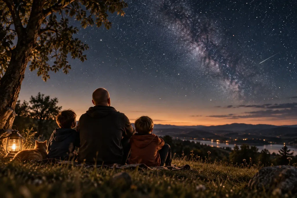 Père et ses deux fils assis dans l’herbe sous un ciel étoilé, symbole de l’homme augmenté qui choisit de rendre le temps gagné par l’IA à la vie et à ses proches.