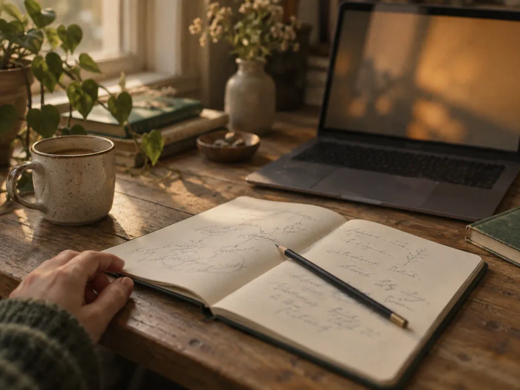 Carnet ouvert avec notes manuscrites et ordinateur en arrière-plan, illustrant l’IA et l’esprit critique, la pensée personnelle avant l’intervention de l’intelligence artificielle.