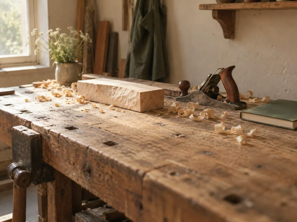 Établi en bois avec pièce en cours de travail, rabot, copeaux et carnet fermé, illustrant la seconde moitié de la vie, la construction de soi et la transmission.