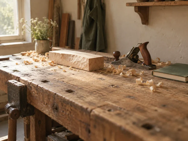 Établi en bois avec pièce en cours de travail, rabot, copeaux et carnet fermé, illustrant la seconde moitié de la vie, la construction de soi et la transmission.