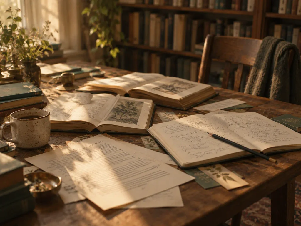 Table de recherche avec livres ouverts, pages annotées et carnet, illustrant le lien entre IA et esprit critique, apprentissage, autonomie cognitive et pensée par soi-même.