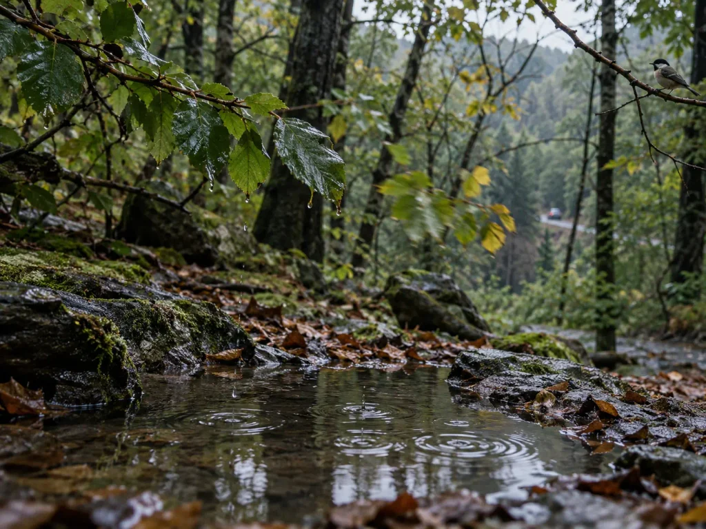 Forêt après la pluie avec gouttes créant des cercles dans l’eau, feuillage en mouvement, petit oiseau et route lointaine, illustrant pourquoi les sons de la nature nous apaisent et le paysage sonore naturel.
