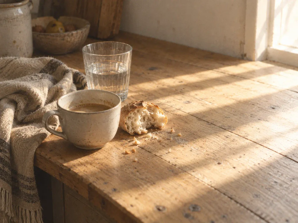 Tasse de café, morceau de pain, verre d’eau et plaid sur une table en bois au matin, image évoquant les signaux du corps, les sensations corporelles et le fait d’écouter son corps sans interpréter trop vite.