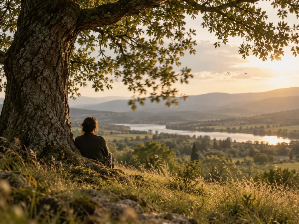 Personne assise au pied d’un grand arbre face à un paysage naturel, entourée de feuillage, d’herbes et d’oiseaux, illustrant pourquoi les sons de la nature nous apaisent et le silence vivant.