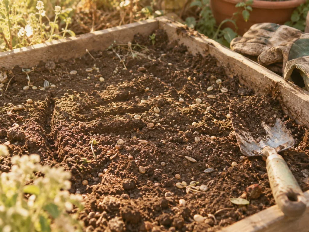 Petit carré de terre fraîchement semé par un enfant, avec truelle et gants de jardinage posés sur le bord, image évoquant la transmission intergénérationnelle dans la seconde moitié de la vie.