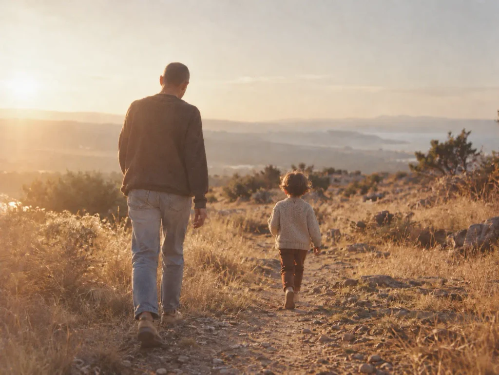 Père au crâne rasé marchant avec son fils sur un sentier au coucher du soleil, image illustrant le fait d’écouter son corps, l’habiter et vivre pleinement à travers lui.