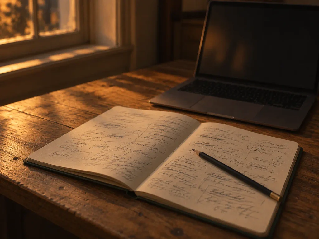 Carnet rempli de notes, ratures et flèches devant un ordinateur en veille, illustrant l’IA et esprit critique, l’autonomie cognitive et la trace laissée par un raisonnement personnel.